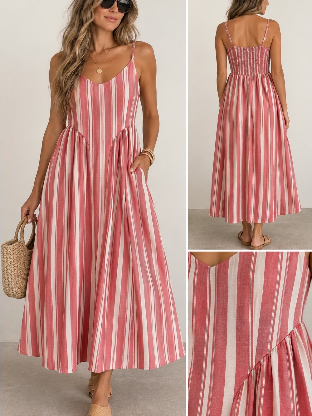 A New Day Pink & Cream Striped Smocked Midi Sundress Size M